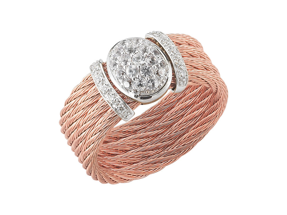 Alor 18 karat White Gold and rose cable 4 row 2.0mm with White Sapphire and 0.05 total carat weight Diamonds, stainless steel. Imported.