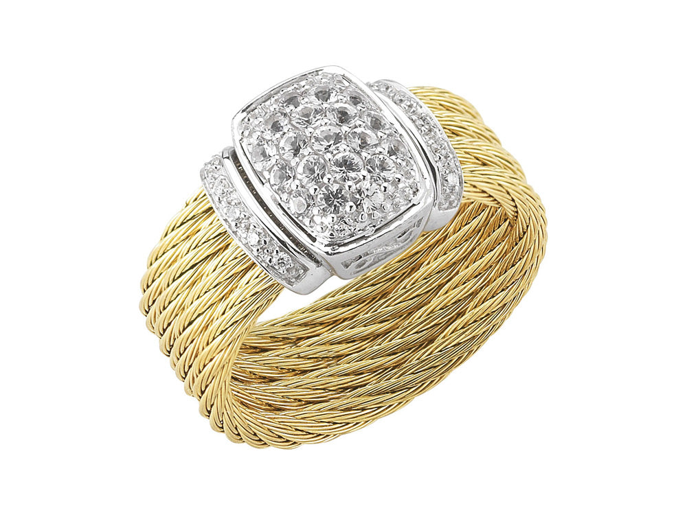 Alor 18 karat White Gold and yellow cable 4 row 2.0mm with White Sapphire and 0.05 total carat weight Diamonds, stainless steel. Imported.
