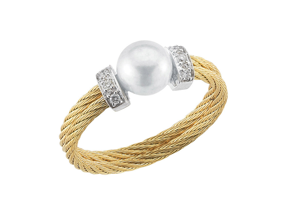 Alor 18 karat White Gold and yellow cable 2 row 1.6mm with White Freshwater Pearl and 0.05 total carat weight Diamonds, stainless steel. Imported.