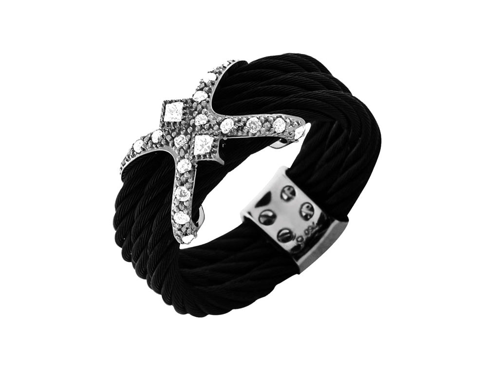 Alor 18 karat White Gold and black stainless steel cable 3 row 2.5 mm and Diamonds 0.23 total carat weight. Imported.
