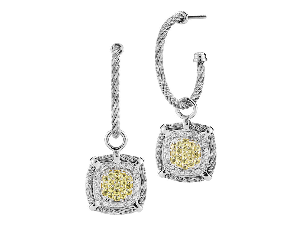 Alor 18 karat White Gold, stainless steel and Steel Cable with Yellow Sapphire and 0.16 total carat weight Diamonds. Imported.