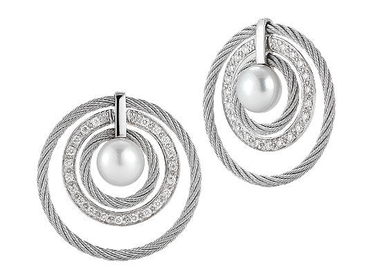 Alor 18 karat White Gold, stainless steel and stainless steel Cable with White Freshwater Pearls and 0.38 total carat weight Diamonds. Imported.
