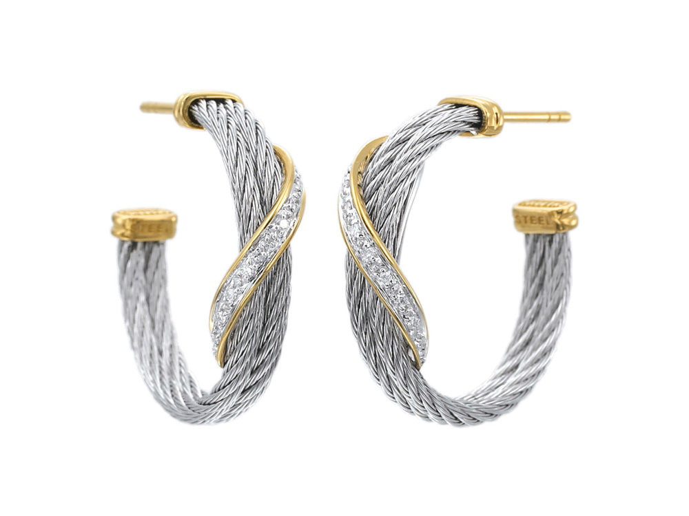 Alor 18 karat Yellow Gold and stainless steel Cable 2 row 2.5 mm and Diamonds 0.10 total carat weight. Imported.