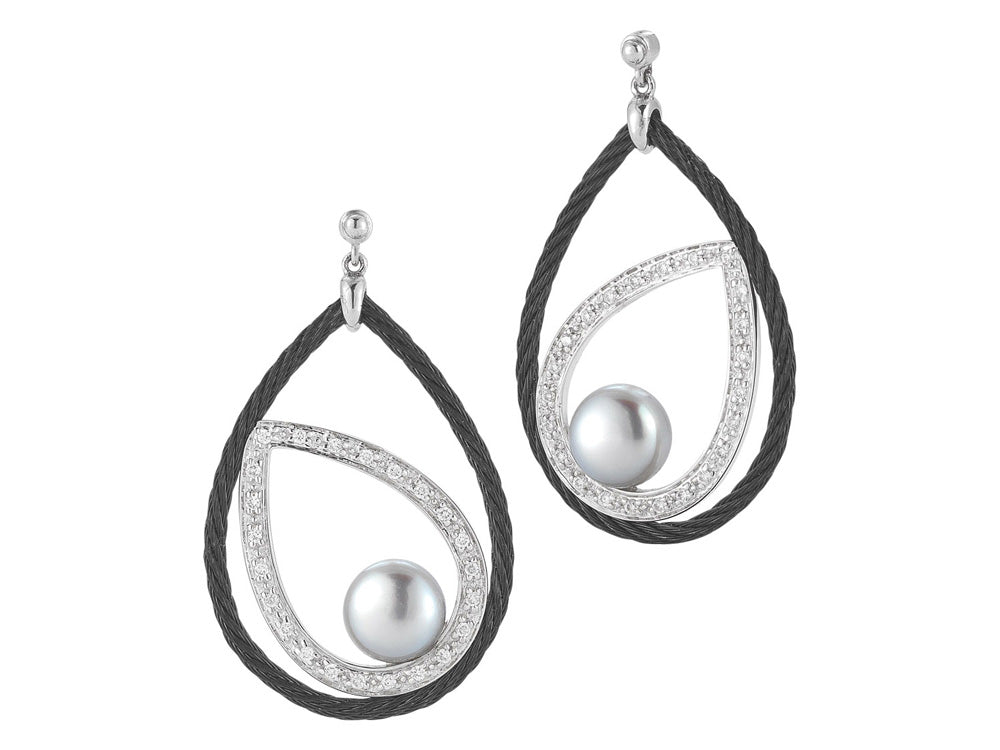Alor 18 karat White Gold, stainless steel and black stainless steel cable with Gray Freshwater Pearls and 0.23 total carat weight Diamonds. Imported.