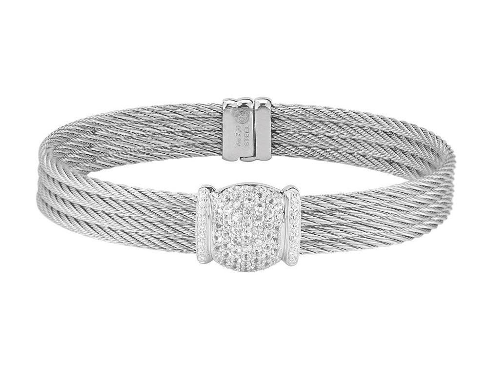 Alor 18 karat White Gold, stainless steel and Steel Cable 4 row 2.5mm with White Sapphire and 0.09 total carat weight Diamonds. Imported.