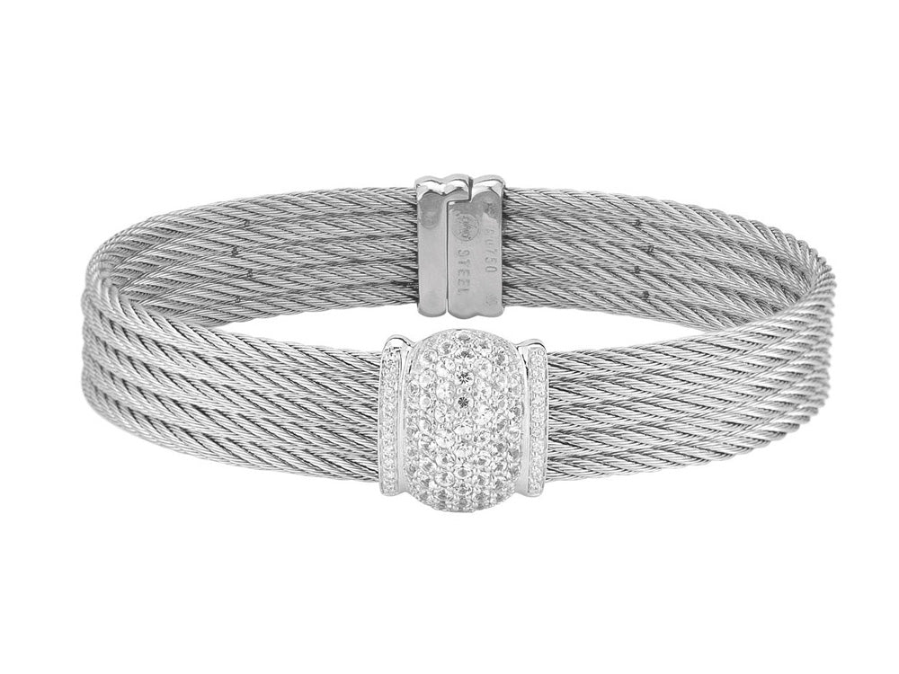 Alor 18 karat White Gold, stainless steel and Steel Cable 5 row 2.5mm with White Sapphire and 0.10 total carat weight Diamonds. Imported.