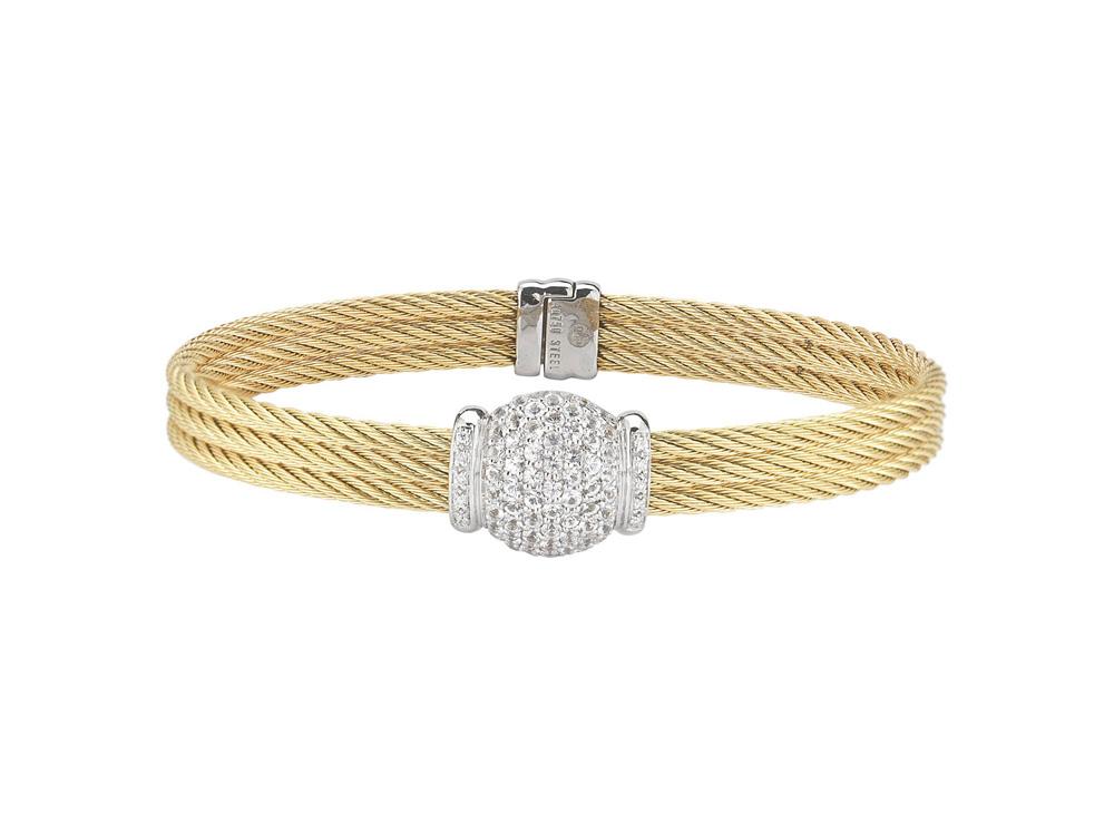 Alor 18 karat White Gold, stainless steel and yellow stainless steel cable 3 row 2.5mm with White Sapphire and 0.05 total carat weight Diamonds. Imported.