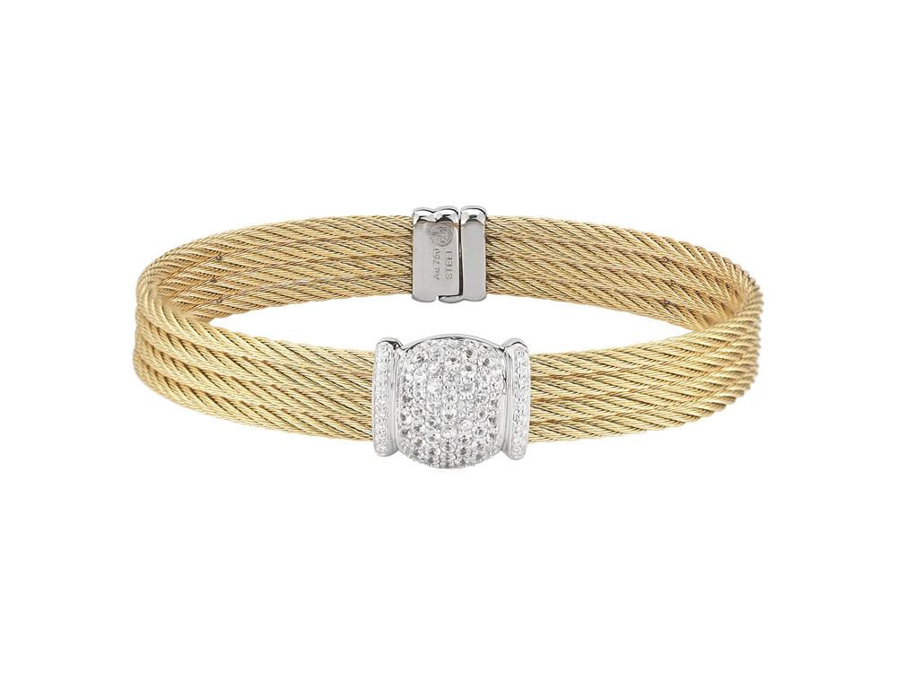 Alor 18 karat White Gold, stainless steel and yellow stainless steel cable 4 row 2.5mm with White Sapphire and 0.09 total carat weight Diamonds. Imported.