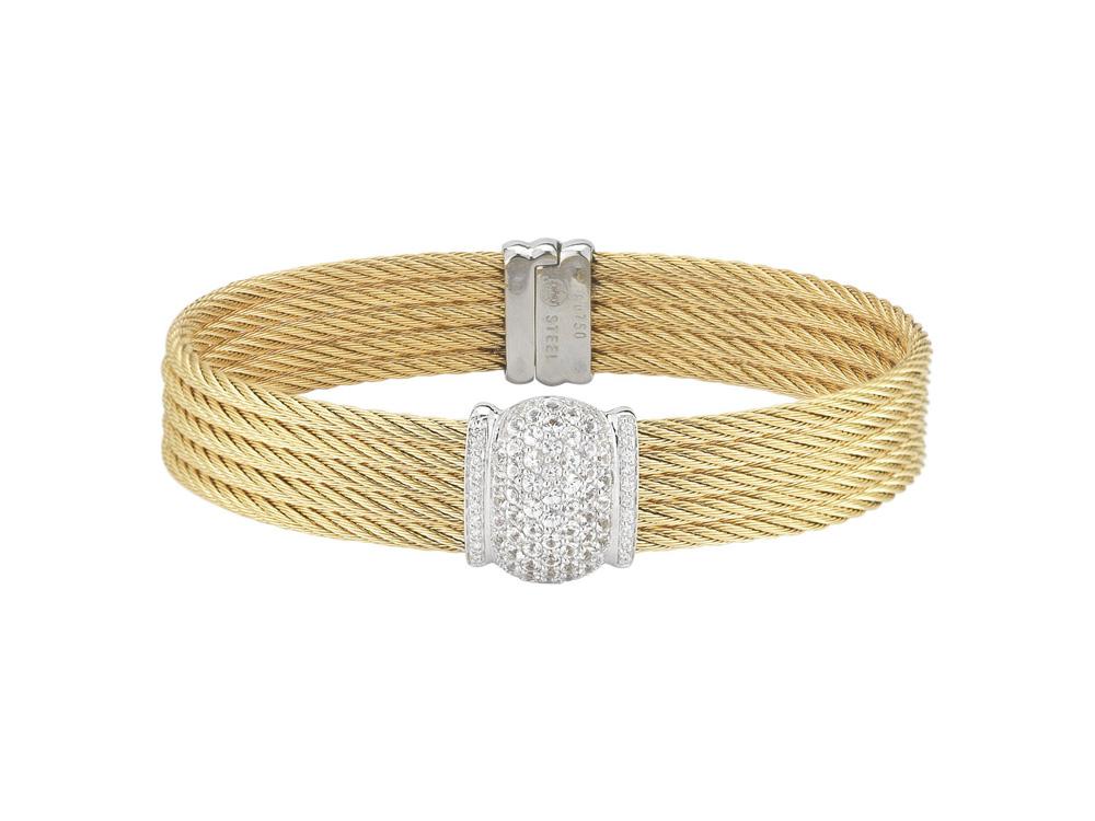 Alor 18 karat White Gold, stainless steel and yellow stainless steel cable 5 row 2.5mm with White Sapphire and 0.10 total carat weight Diamonds. Imported.