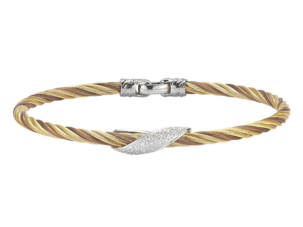 Alor 18 karat White Gold, Stainless Steel, yellow stainless steel cable and bronze stainless steel cable 3.0mm with 0.10 total carat weight. Imported.