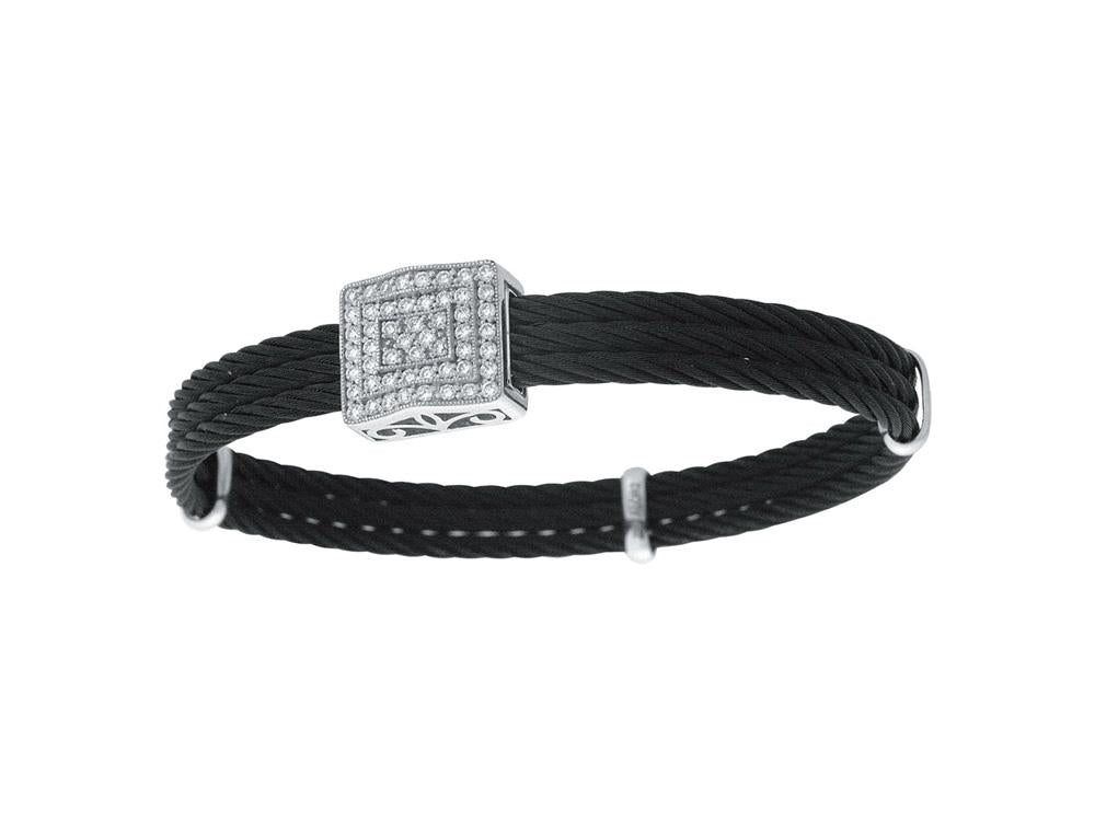 Alor 18 karat White Gold and black stainless steel cable 3 row 2.5 mm and Diamonds 0.55 total carat weight. Imported.