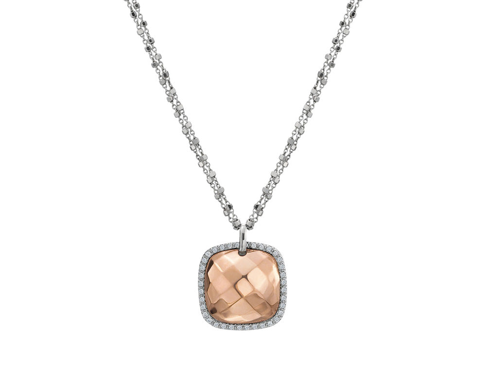 Alor 18 karat faceted Rose Gold and White Gold with 0.18 total carat weight Diamonds on double White Gold diamond cut chain. Imported.