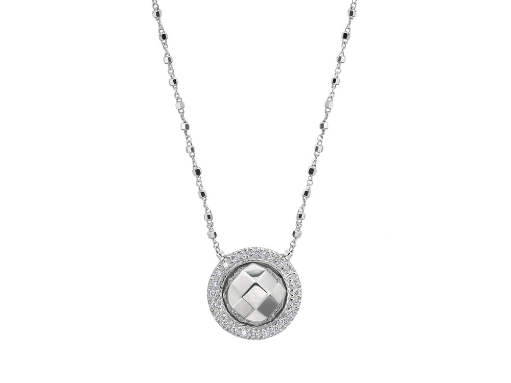 Alor 18 karat faceted White Gold with 0.12 total carat weight Diamonds on White Gold diamond cut chain. Imported.