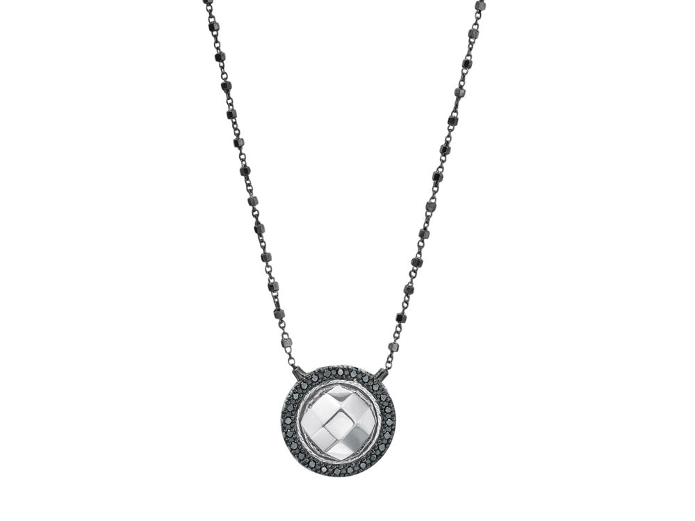 Alor 18 karat faceted White Gold with 0.12 total carat weight Black Diamonds on Gold diamond cut chain (black). Imported.