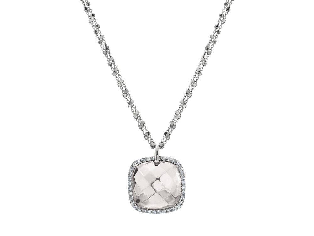 Alor 18 karat faceted White Gold with 0.18 total carat weight Diamonds on double Gold diamond cut chain. Imported.