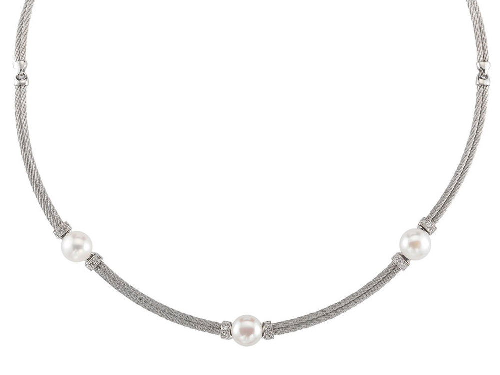 Alor 18 karat White Gold, stainless steel and stainless steel Cable 2 row 1.6mm with White Freshwater Pearls and 0.16 total carat weight Diamonds. Imported.