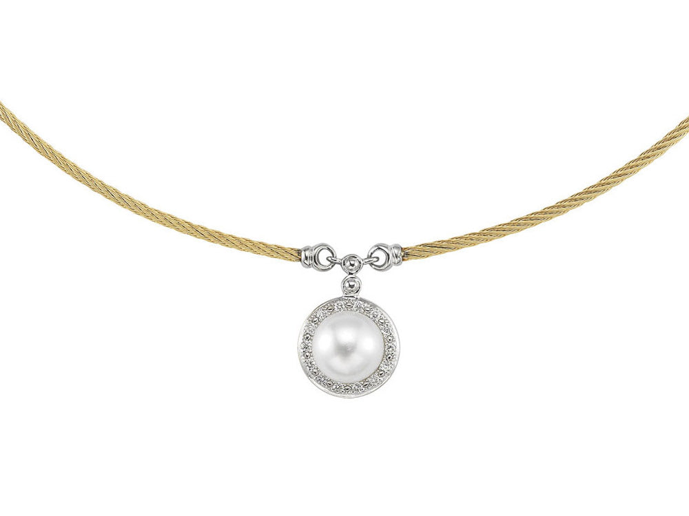 Alor 18 karat White Gold, stainless steel and yellow stainless steel cable 1 row 1.6mm with White Freshwater Pearl and 0.13 total carat weight Diamonds. Imported.