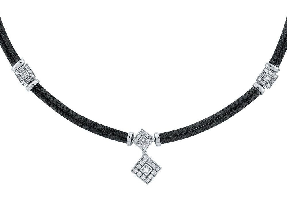 Alor 18 karat White Gold and black stainless steel cable 2 row 2.0 mm and Diamonds 0.44 total carat weight. Imported.