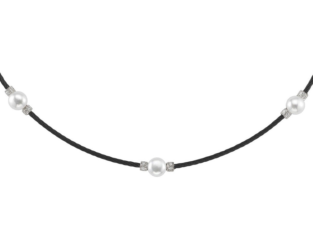 Alor 18 karat White Gold, stainless steel and black stainless steel cable 1 row 1.6mm with White Freshwater Pearls and 0.11 total carat weight Diamonds. Imported.