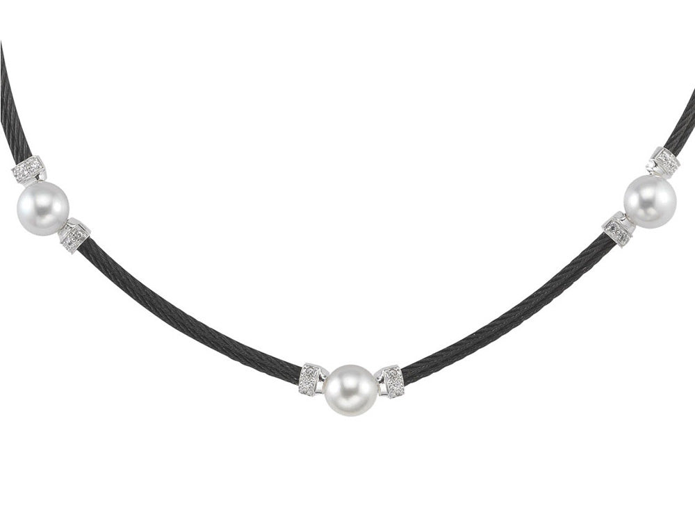 Alor 18 karat White Gold, stainless steel and black stainless steel cable 2 row 1.6mm with White Freshwater Pearls and 0.16 total carat weight Diamonds. Imported.