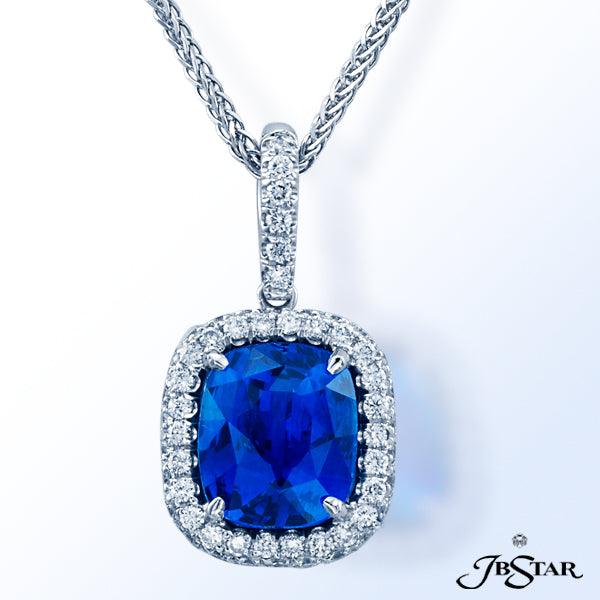 JB STAR PLATINUM WITH 3.23CT CUSHION CUT BLUE SAPPHIRE AND 0.45 CT TW IN DIAMONDS DROP PENDANT FROM THE PENDANTS COLLECTION
