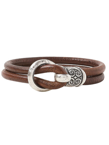 MEN'S LEATHER STERLING SILVER BUCKLE BRACELET