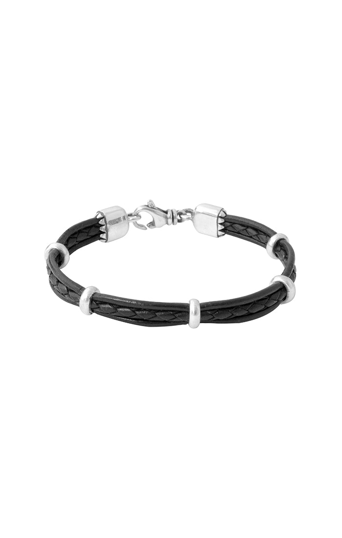 MULTI STRANDED LEATHER BRACELET WITH SILVER RONDELLE BEADS