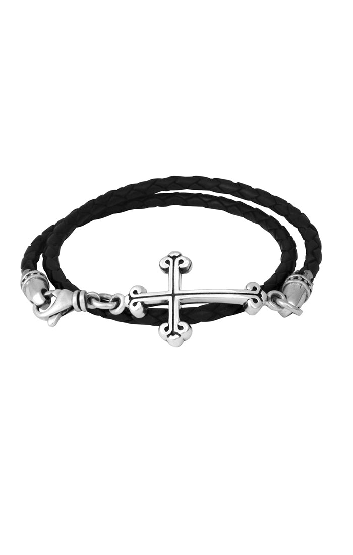 THIN BRAIDED LEATHER TRADITIONAL CROSS DOUBLE WRAP BRACELET