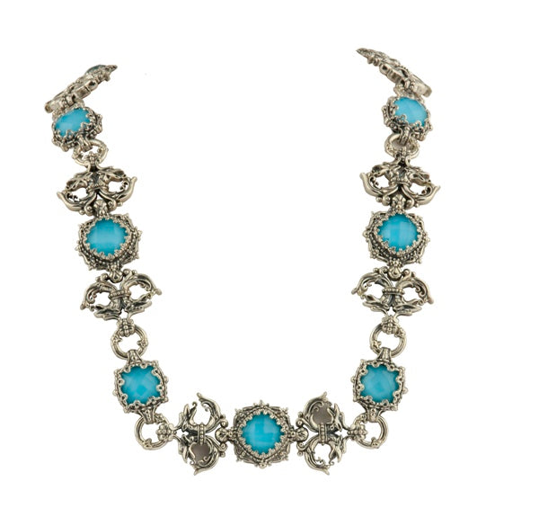 KONSTANTINO STERLING SILVER AND ROCK CRYSTAL TURQUOISE DUBLET ORNATE LINK NECKLACE FROM THE AEGEAN C