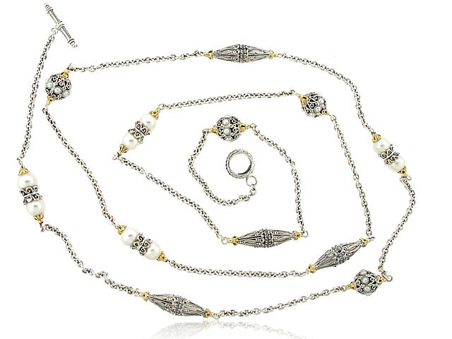 KONSTANTINO STERLING SILVER, 18K YELLOW GOLD AND PEARL 36" INCH NECKLACE FROM THE PEARL COLLECTION