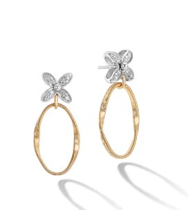 Marrakech Onde Collection 18K Yellow and White Gold Stud Drop Earrings with Diamond Flowers.  .12 diamond carats.