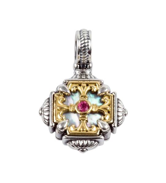 Konstantino pendant. Sterling silver and 18 karat yellow gold. Mother of Pearl and pink tourmaline pendant.