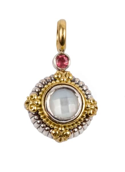KONSTANTINO STERLING SILVER & 18K GOLD RING MOTHER OF PEARL PINK TOURMALINE FROM THE HESTIA COLLECTION