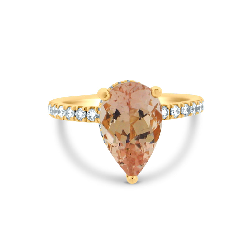 PRIVE'18K YELLOW GOLD, 2.80CT PEAR SHAPED MORGANITE & 0.58CT DIAMOND ACCENTED RING
