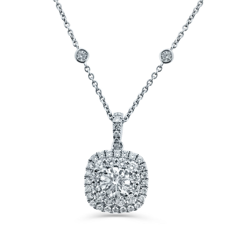 PRIVE' 18K WHITE GOLD 1.00CT CENTERSTONE WITH 0.94CT ACCENTING HALO PENDANT