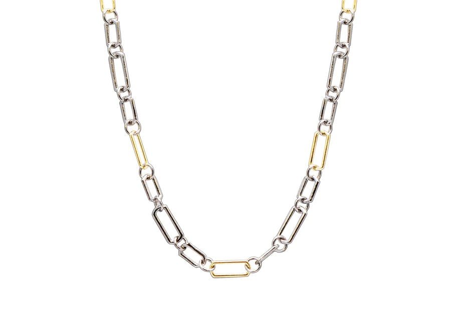 18K Yellow Gold and Grey sterling Silver Alternating Small Paperclip Chain Link Necklace with Toggle Closure. Adjustable at 16", 17" and 18".