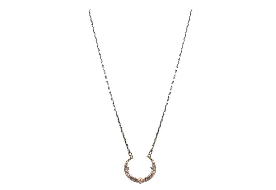 14k Rose Gold and Grey rhodium finish Sterling Silver crescent necklace with crivelli, morganite, and 0.32TCW round brilliant champagne diamonds. With toggle closure. Adjustable at 15.5", 16.5" and 17.5." Pendant measurement 25mmx6mm.