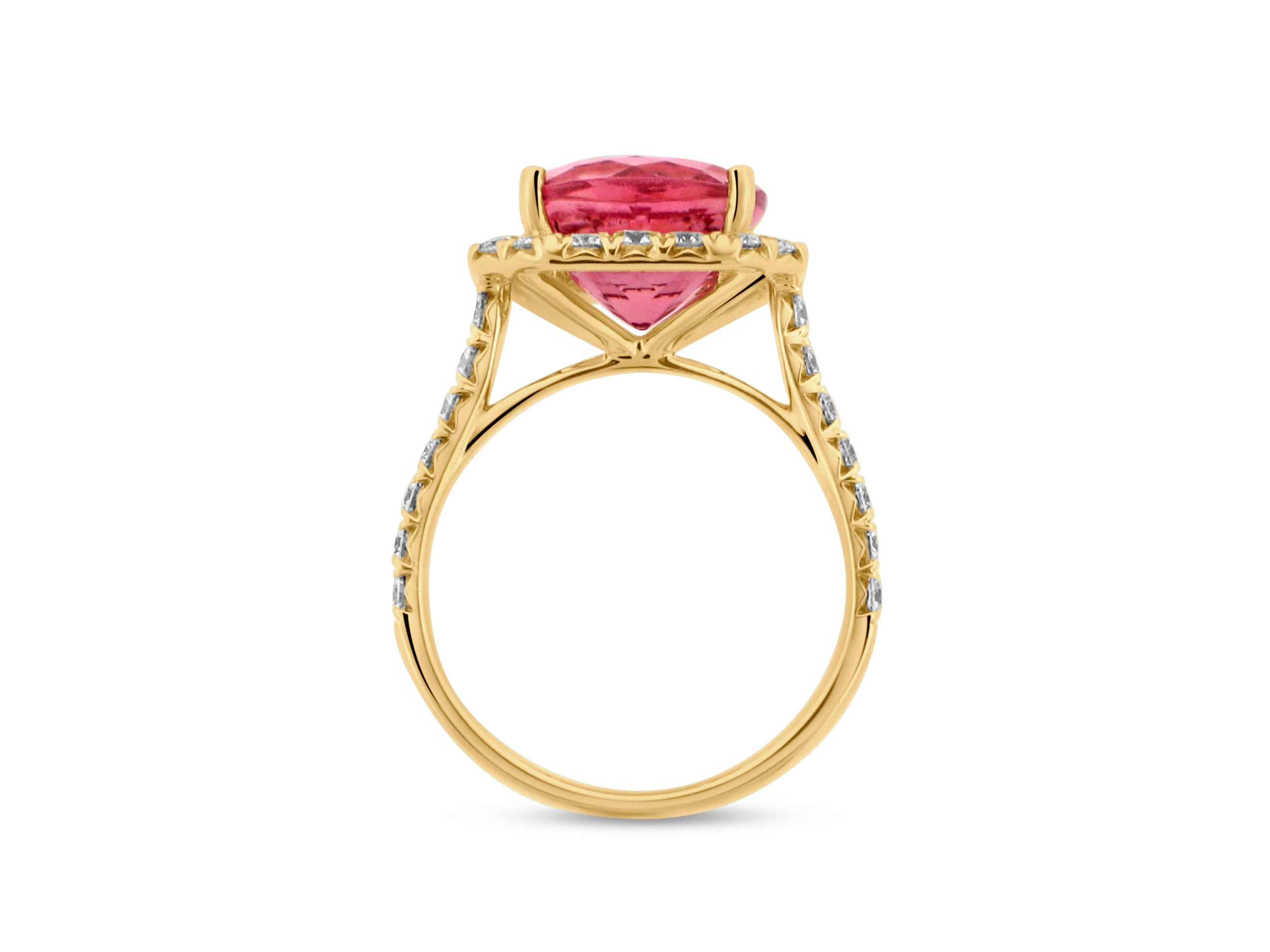 PRIVE'18K YELLOW GOLD  4.75CT A+ PINK TOURMALINE CUSHION SHAPE WITH.94CT VS/SI-G NATURAL DIAMONDS