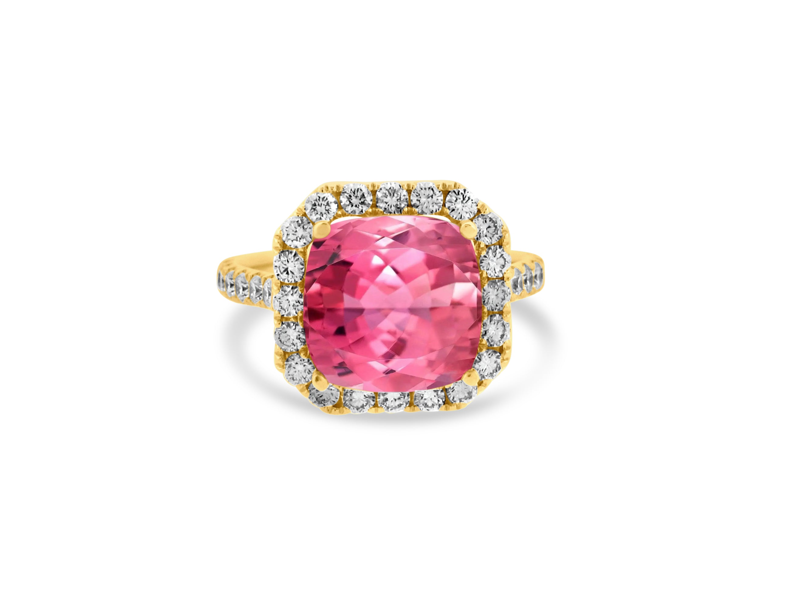 PRIVE'18K YELLOW GOLD  4.75CT A+ PINK TOURMALINE CUSHION SHAPE WITH.94CT VS/SI-G NATURAL DIAMONDS