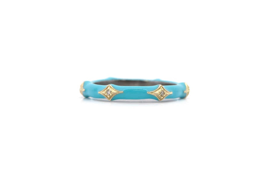 18K Yellow Gold and Sterling Silver Crivelli Stack Band in Turquoise Enamel with White Diamonds. (0.02 TCW)
