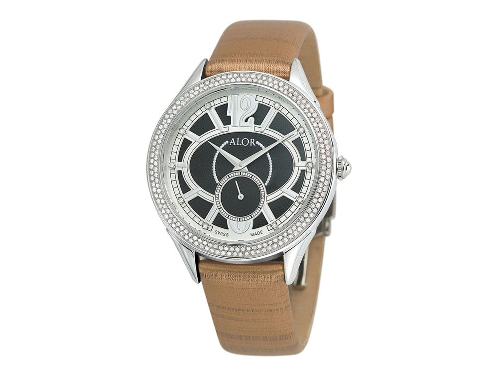 Alor 38mm Stainless Steel Swiss made Stainless Steel 0.95ct Diamonds (190 stones) bezel, sapphire crystal and black with silver Arabic markers 0.05 total carat weight Diamonds (10 stones) dial on a bronze satin strap. Water resistant to 3ATM.