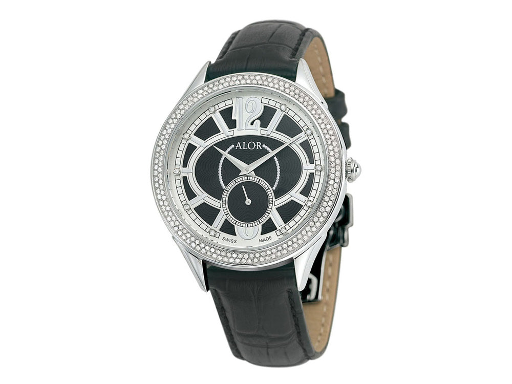 Alor 38mm Stainless Steel Swiss made Stainless Steel 0.95ct Diamonds (190 stones) bezel, sapphire crystal and black with silver Arabic markers 0.05 total carat weight Diamonds (10 stones) dial on a black genuine leather strap. Water resistant to 3ATM.