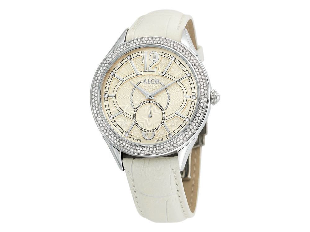 Alor 38mm Stainless Steel Swiss made Stainless Steel with 0.95ct Diamonds (190 stones) bezel, sapphire crystal and white with silver Arabic markers 0.05 total carat weight Diamonds (10 stones) dial on a white genuine leather strap. Water resistant to 3AT