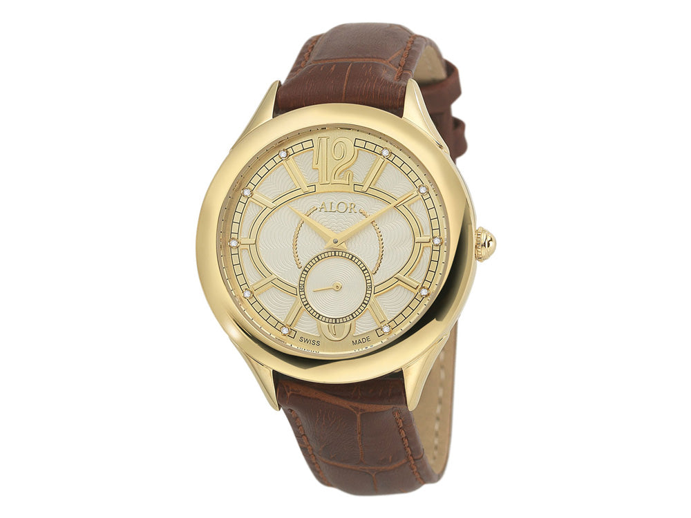 Alor 38mm Stainless Steel Swiss made with Yellow PVD/Stainless Steel bezel, sapphire crystal and white dial with yellow Arabic markers, 0.05 total carat weight Diamonds (10 stones) on a brown genuine leather strap. Water resistant to 3ATM.