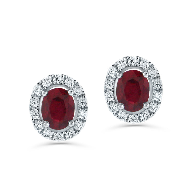 PRIVE' 18K WHITE GOLD 1.11CT RUBY WITH 0.23CT DIAMOND HALO STUDS
