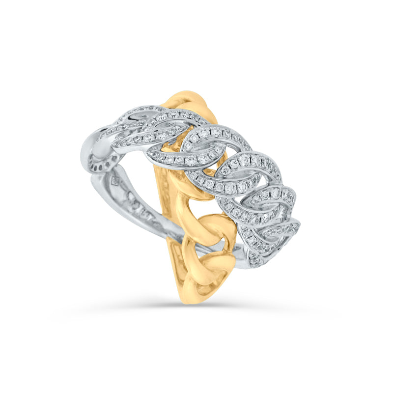 PRIVE' 18K YELLOW & WHITE GOLD CROSSING CHAIN RING WITH 0.62CT PAVE SET DIAMONDS