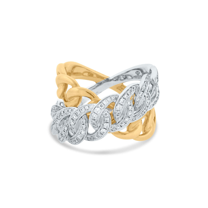PRIVE' 18K YELLOW & WHITE GOLD CROSSING CHAIN RING WITH 0.62CT PAVE SET DIAMONDS