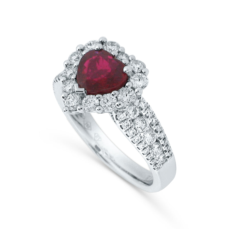 PRIVE' 18K WHITE GOLD & 1.28CT HEART CUT RUBY W/ 1.06CT ACCENTING DIAMOND RING