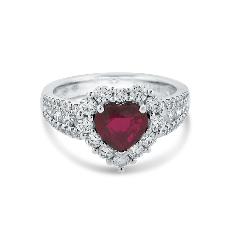 PRIVE' 18K WHITE GOLD & 1.28CT HEART CUT RUBY W/ 1.06CT ACCENTING DIAMOND RING