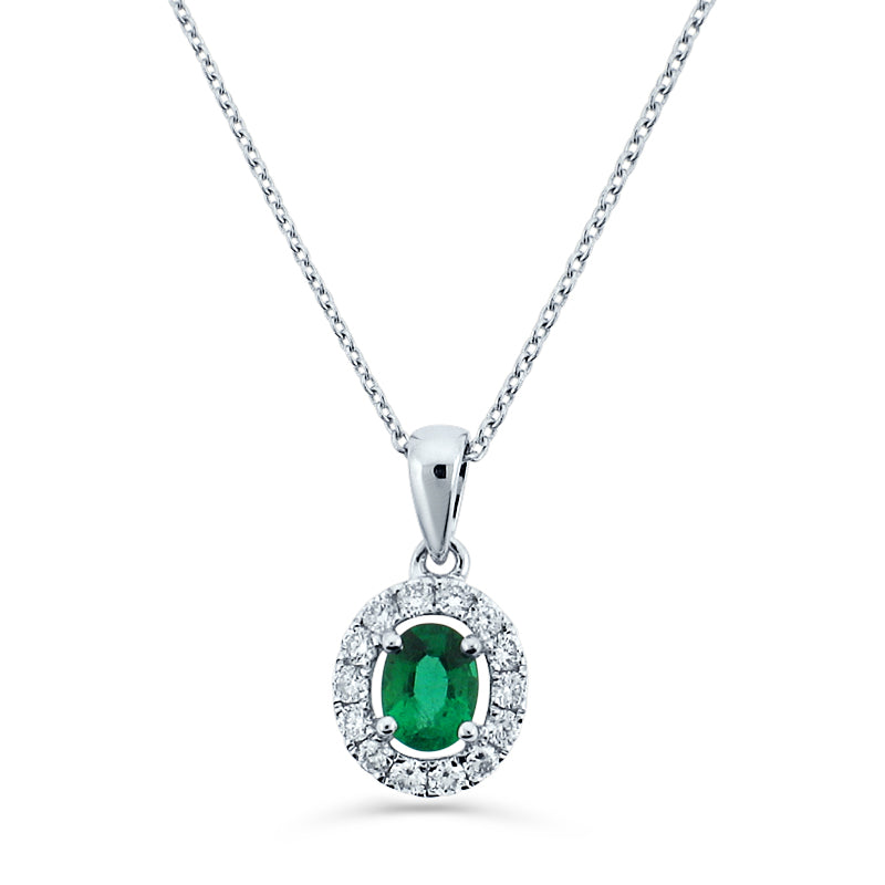 PRIVE' 18K WHITE GOLD 0.26CT EMERALD W/ 0.16CT DIAMOND HALO PENDANT
